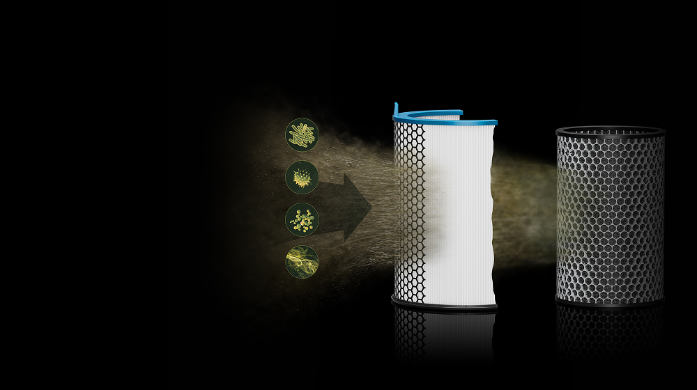 Двуслойната филтрация на Dyson HushJet Compact Purifier премахва алергени, замърсители, миризми и газове от въздуха.