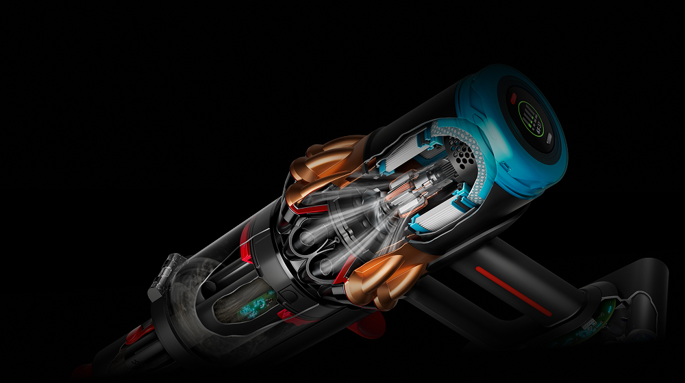 Разрез, показващ мощния мотор Hyperdymium 900w вътре в прахосмукачката Dyson V16 Piston Animal.