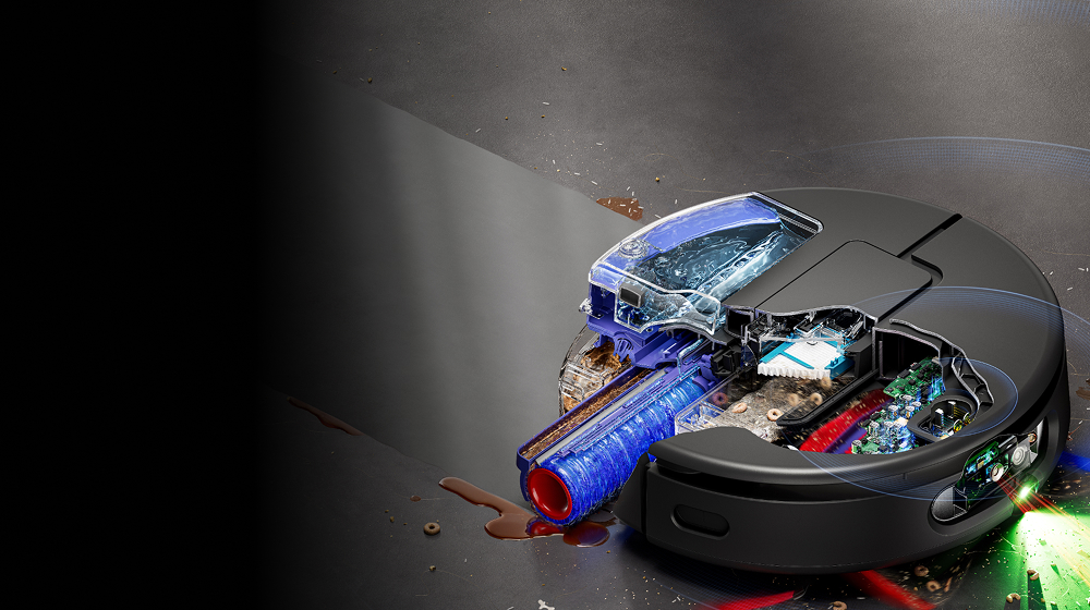 Разрез показва самопочистващата се мокра ролка на прахосмукачката робот Dyson Spot+Scrub Ai DR30.